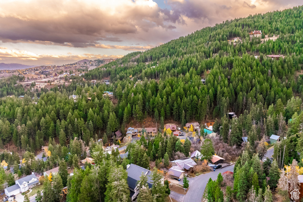 Aerial view at dusk with a mountain view