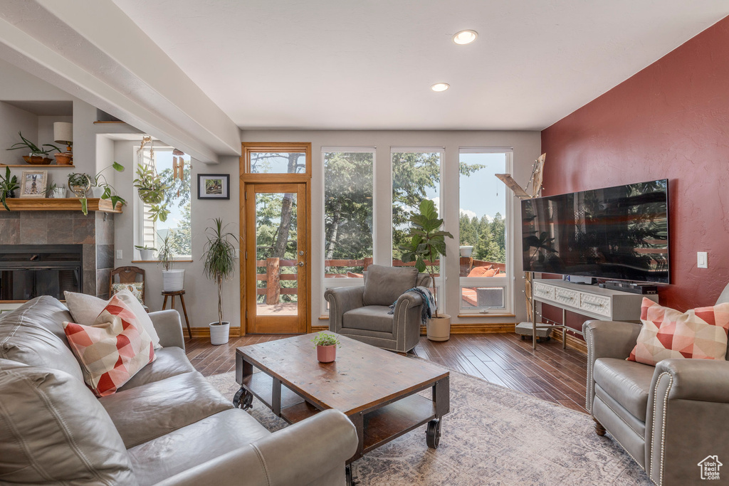 Living area featuring hardwood / wood-style floors, recessed lighting, and a fireplace