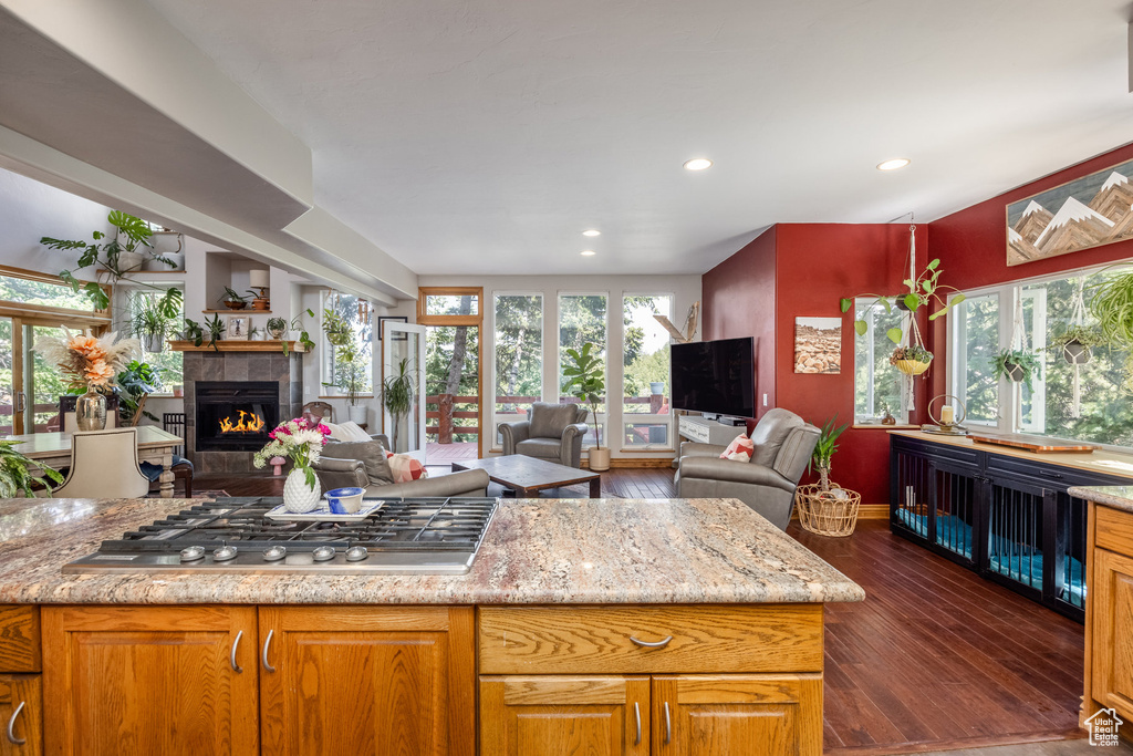 Kitchen featuring stainless steel gas stovetop, open floor plan, a tiled fireplace, recessed lighting, and dark wood-type flooring