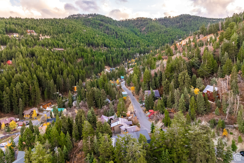 Aerial view at dusk with a mountain view
