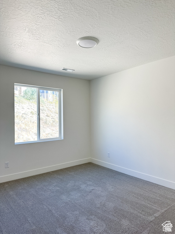 Carpeted empty room featuring a textured ceiling