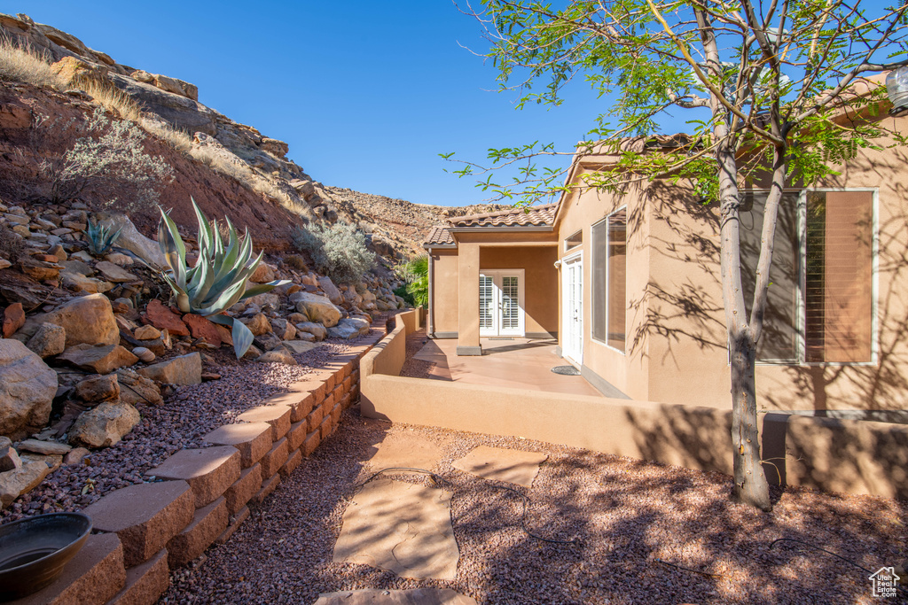 Exterior space featuring a mountain view