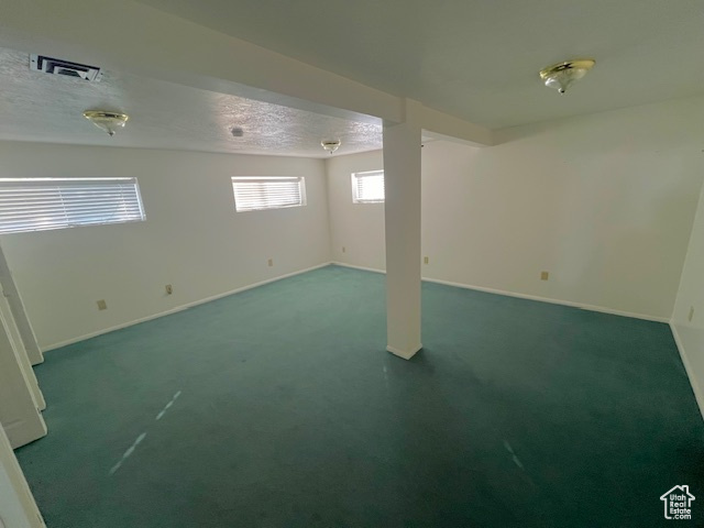 Basement with carpet floors and a textured ceiling