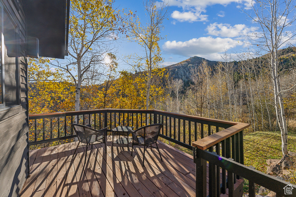 Deck featuring a mountain view