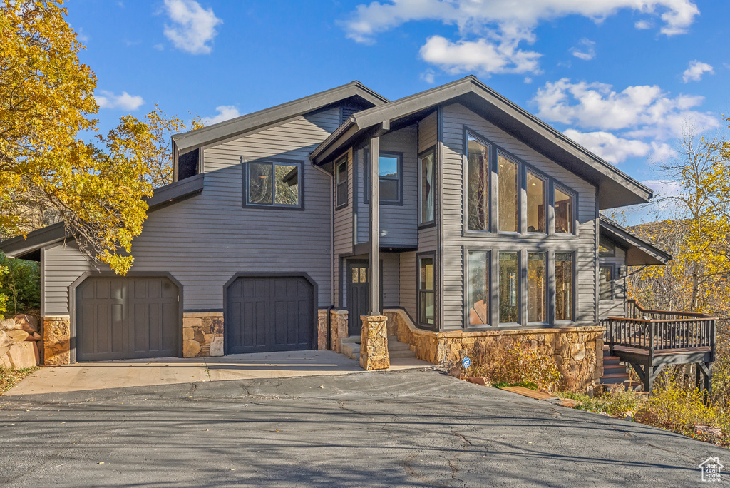 Modern home featuring a garage