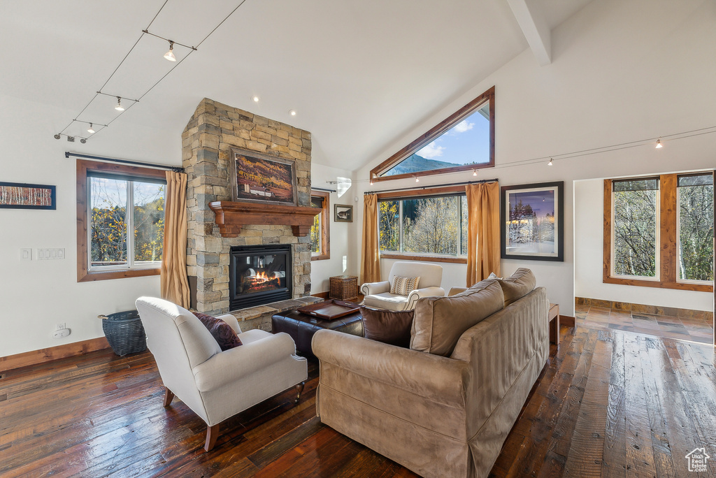 Living room featuring a stone fireplace, dark hardwood / wood-style floors, high vaulted ceiling, and plenty of natural light