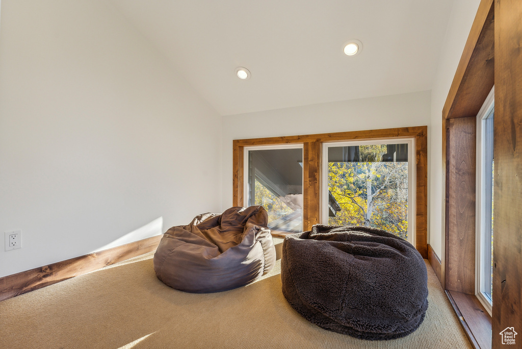 Sitting room featuring lofted ceiling and carpet flooring