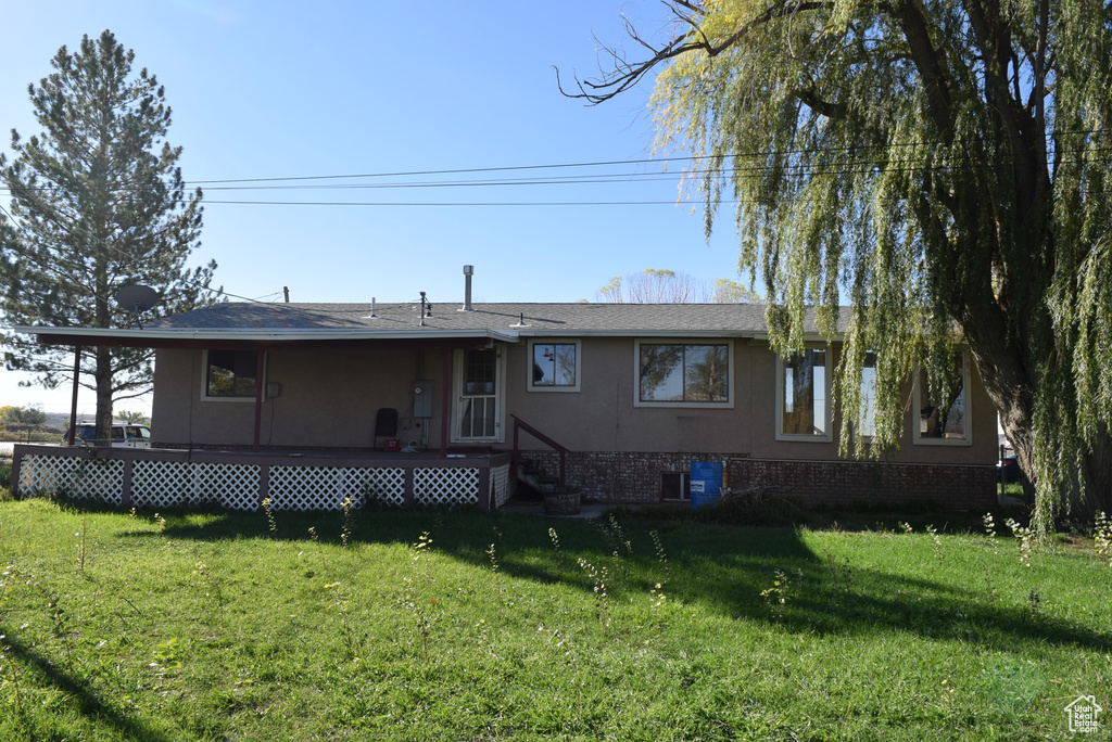 Rear view of property with a yard