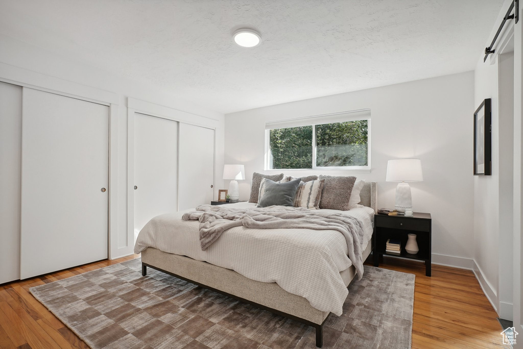 Bedroom with a barn door, multiple closets, and wood-type flooring