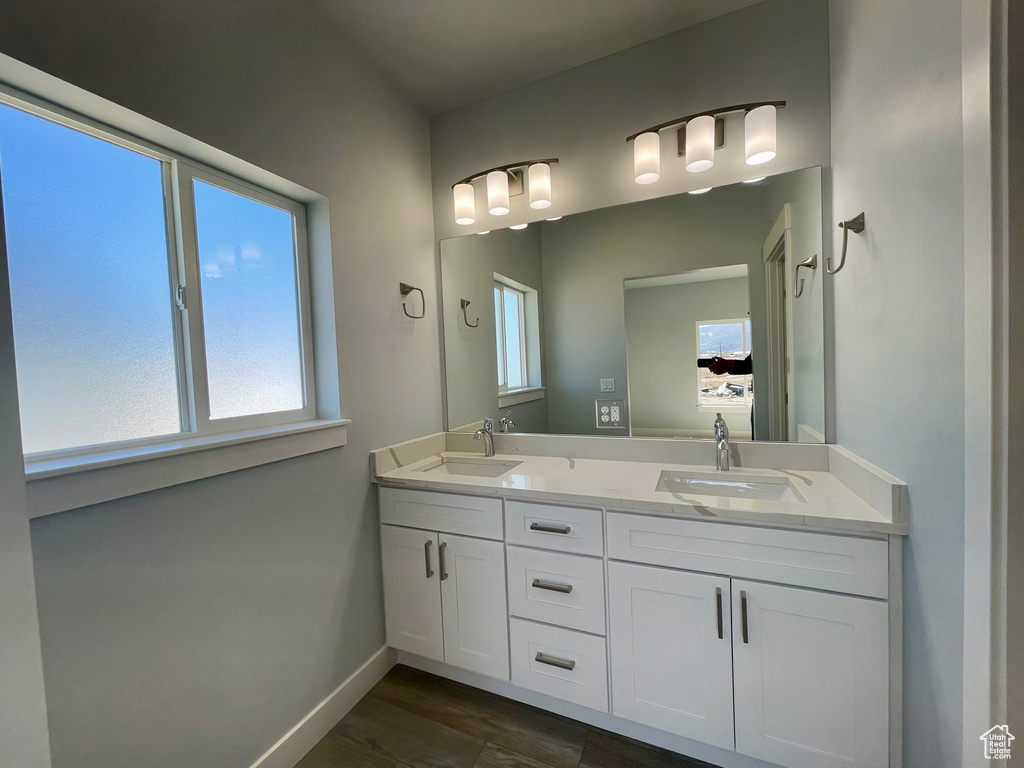 Bathroom with vanity and wood-type flooring