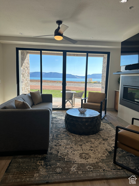 Living room featuring hardwood / wood-style floors, a textured ceiling, and ceiling fan