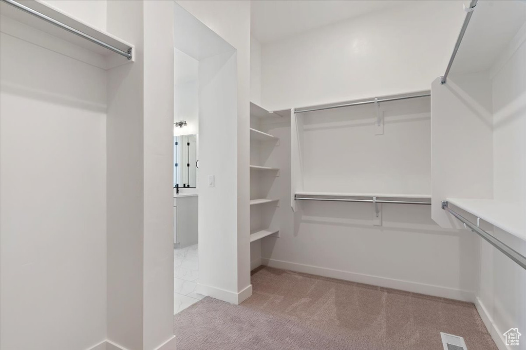 Walk in closet with light colored carpet