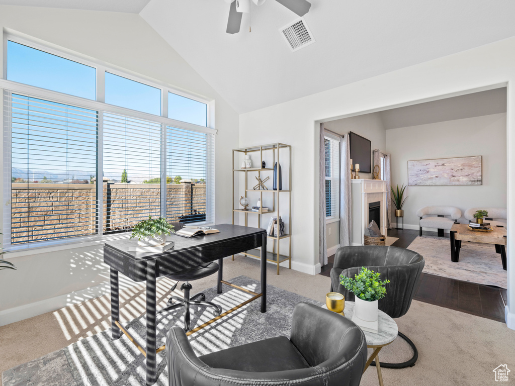 Carpeted office space with high vaulted ceiling and ceiling fan