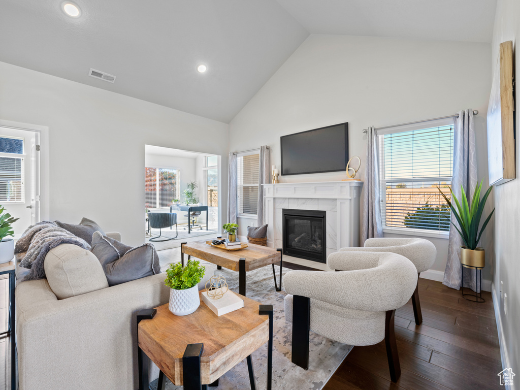 Living room with high vaulted ceiling, a healthy amount of sunlight, and wood-type flooring