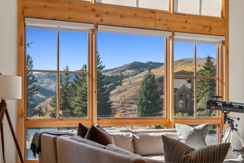 Interior space with a mountain view