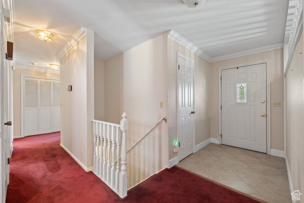 Foyer with crown molding and light carpet