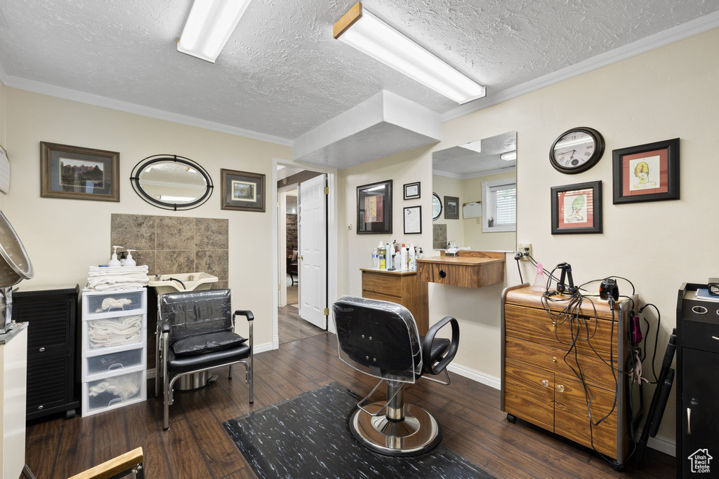 Interior space featuring ornamental molding, a textured ceiling, and dark hardwood / wood-style floors