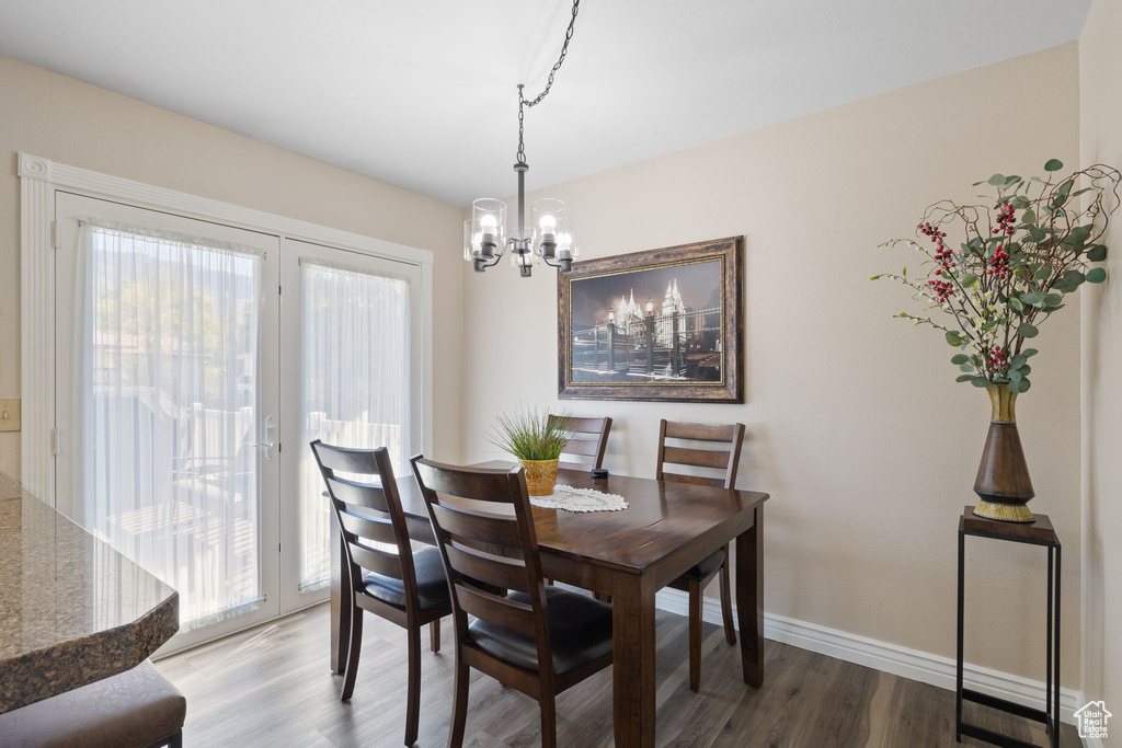 Dining room featuring a chandelier and wood-type flooring