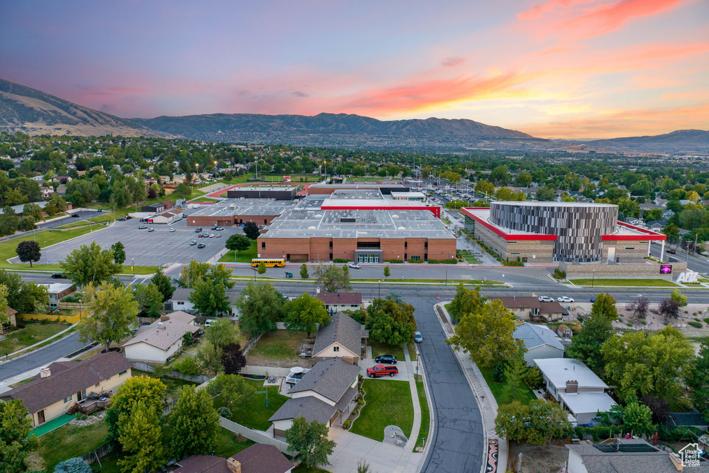 Aerial view at dusk with a mountain view