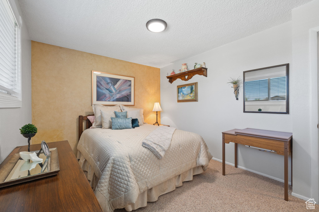 Bedroom with multiple windows, a textured ceiling, and light colored carpet