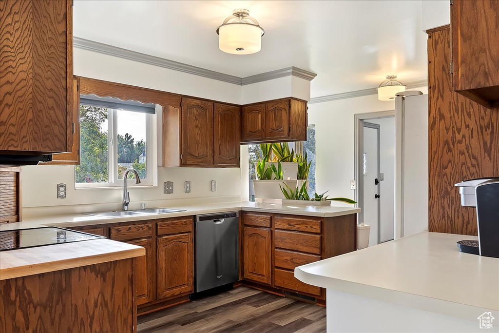 Kitchen with dishwasher, sink, kitchen peninsula, dark wood-type flooring, and ornamental molding