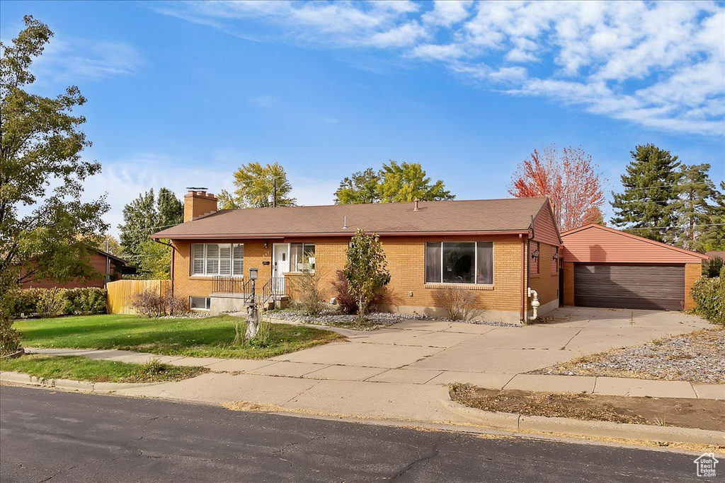 Single story home featuring a front lawn