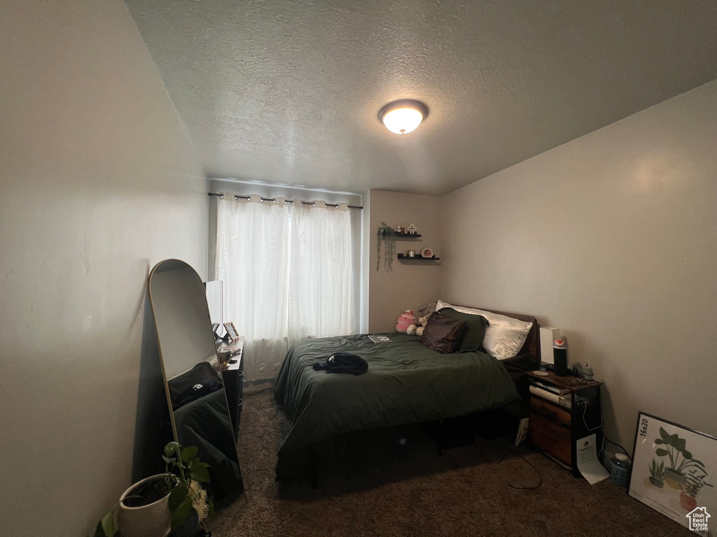 Carpeted bedroom with a textured ceiling