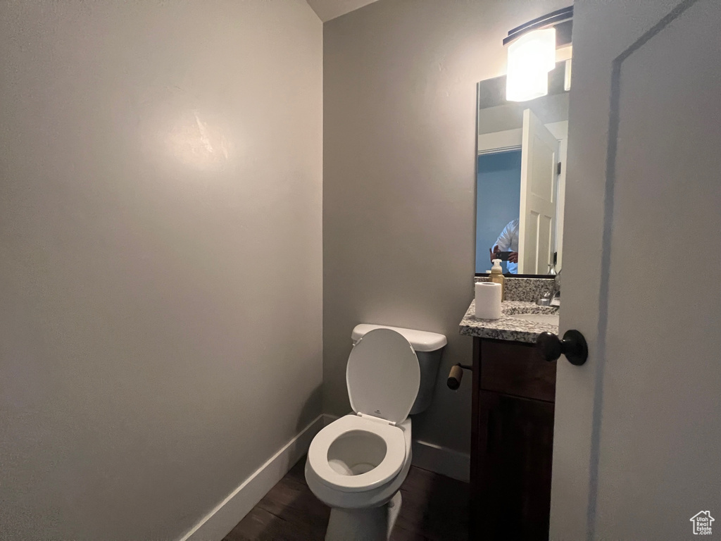 Bathroom with vanity, hardwood / wood-style floors, and toilet