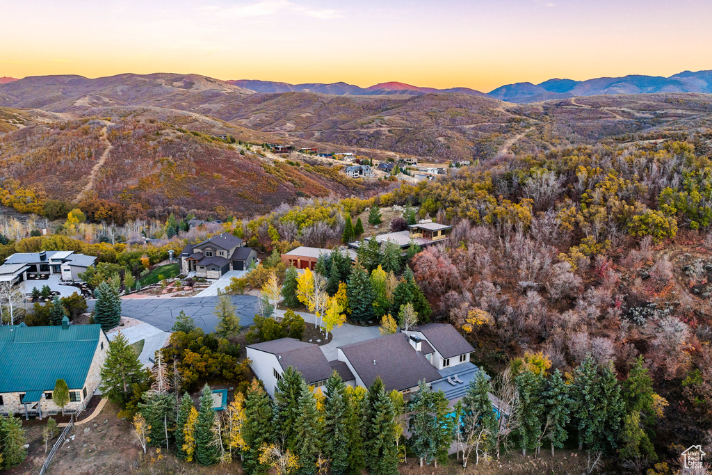 Aerial view at dusk with a mountain view