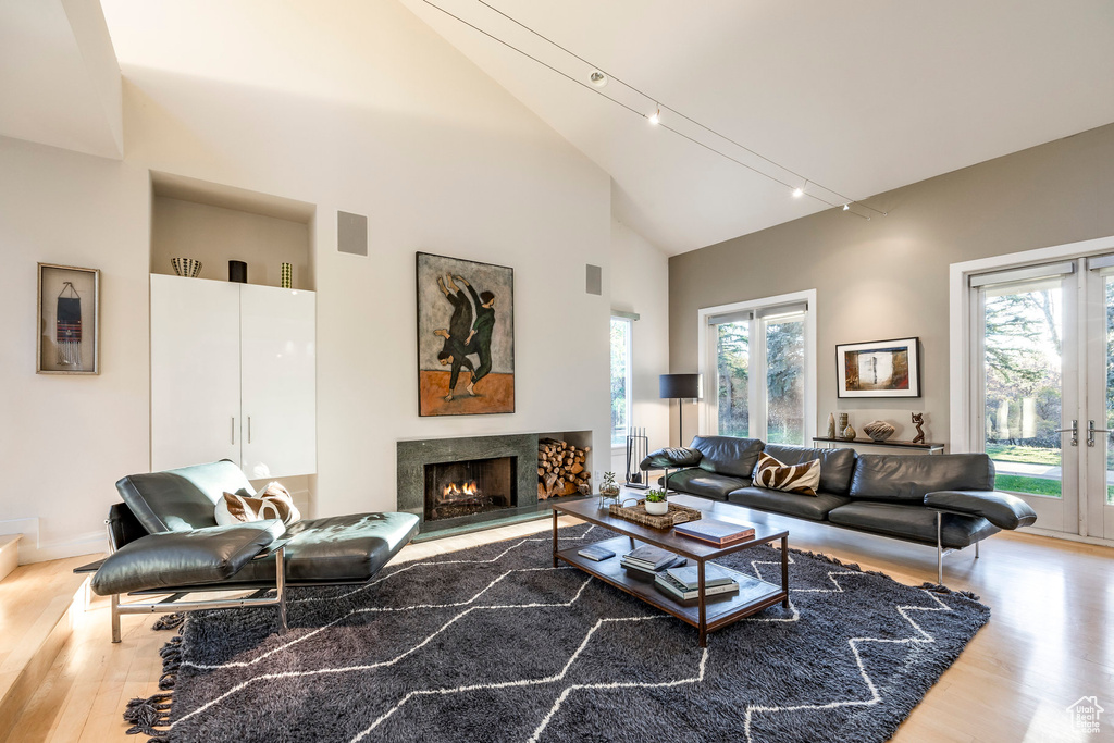 Living room featuring high vaulted ceiling, plenty of natural light, track lighting, and light hardwood / wood-style flooring