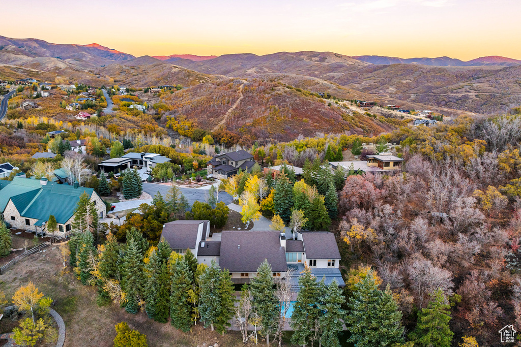 Aerial view at dusk with a mountain view