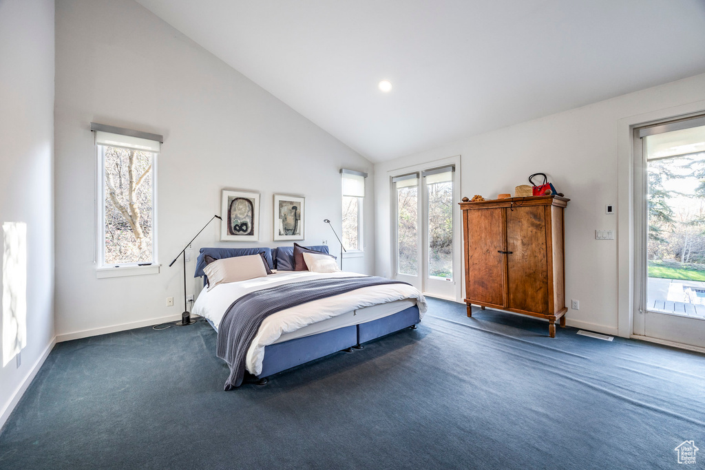 Bedroom featuring access to exterior, dark colored carpet, and high vaulted ceiling