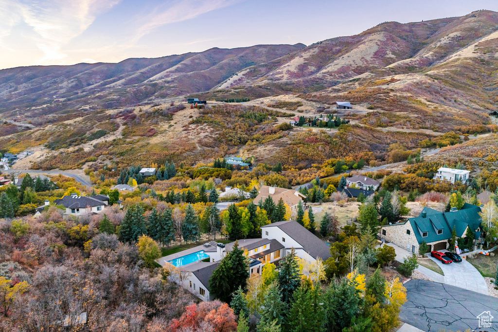 Aerial view at dusk with a mountain view