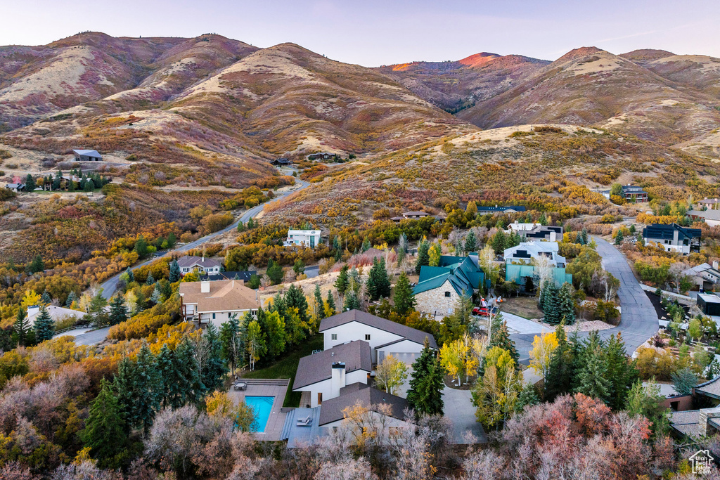 Aerial view at dusk with a mountain view