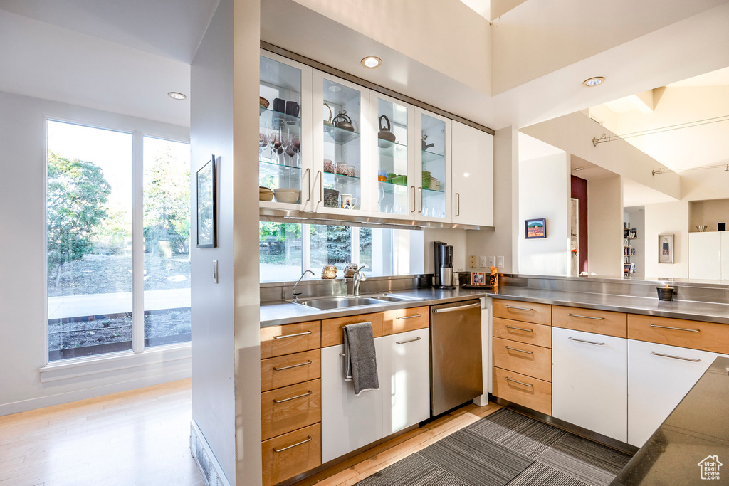 Kitchen with stainless steel counters, white cabinetry, a wealth of natural light, and hardwood / wood-style floors