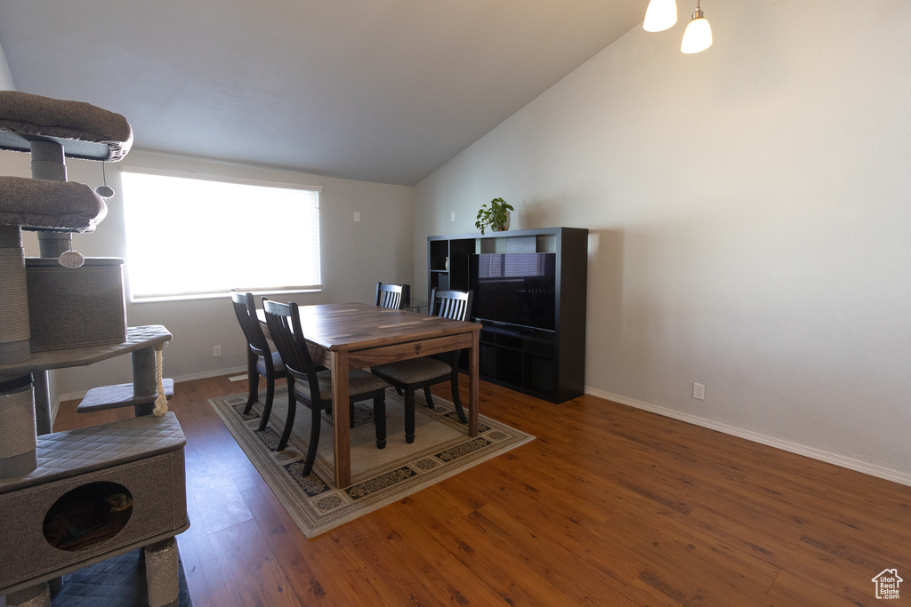 Dining space featuring high vaulted ceiling and dark hardwood / wood-style flooring