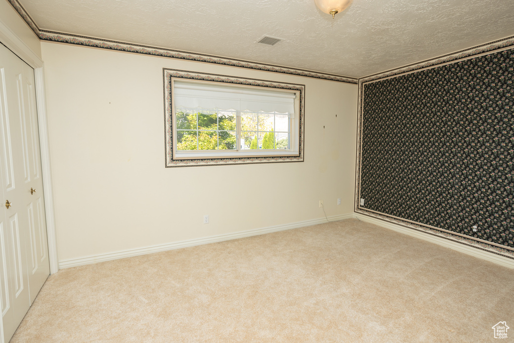 Spare room featuring light carpet and a textured ceiling