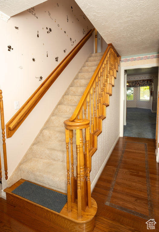 Stairs with a textured ceiling and hardwood / wood-style floors