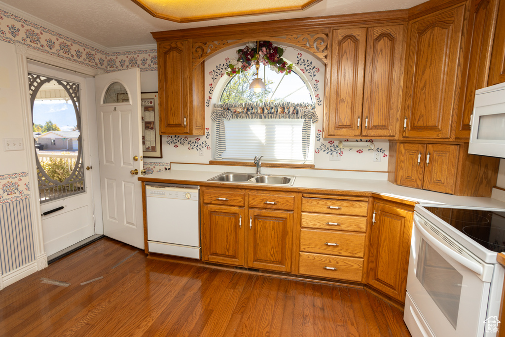 Kitchen featuring white appliances, dark wood-type flooring, sink, and ornamental molding