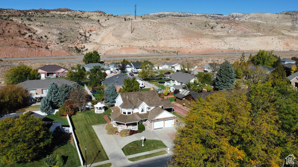 Aerial view featuring a mountain view