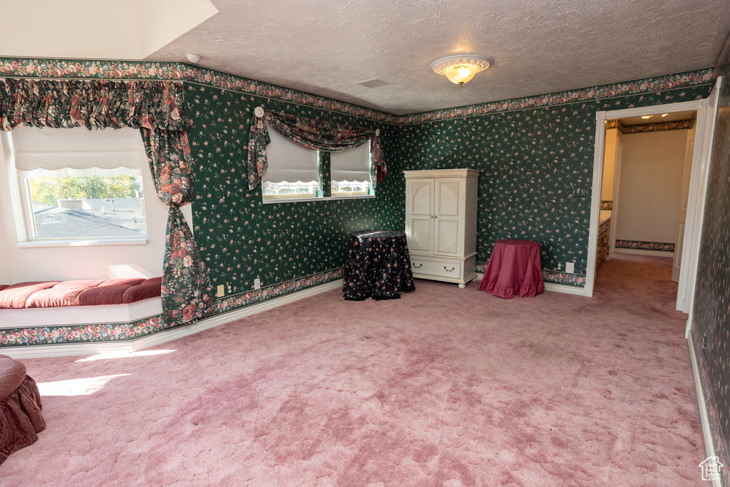 Carpeted bedroom with a textured ceiling