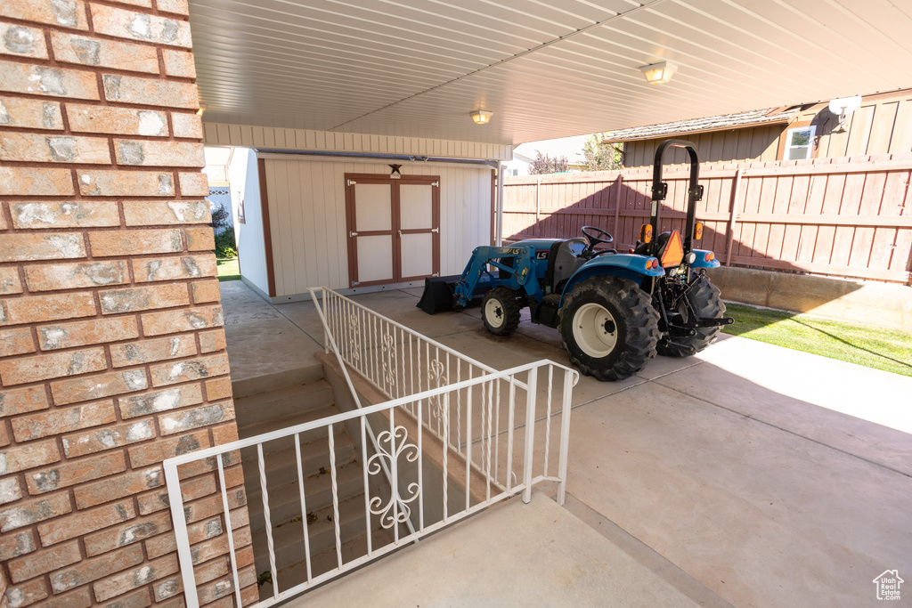 Exterior space with a storage unit