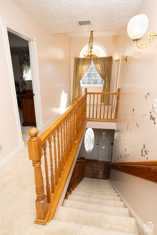 Stairs featuring a textured ceiling and carpet floors