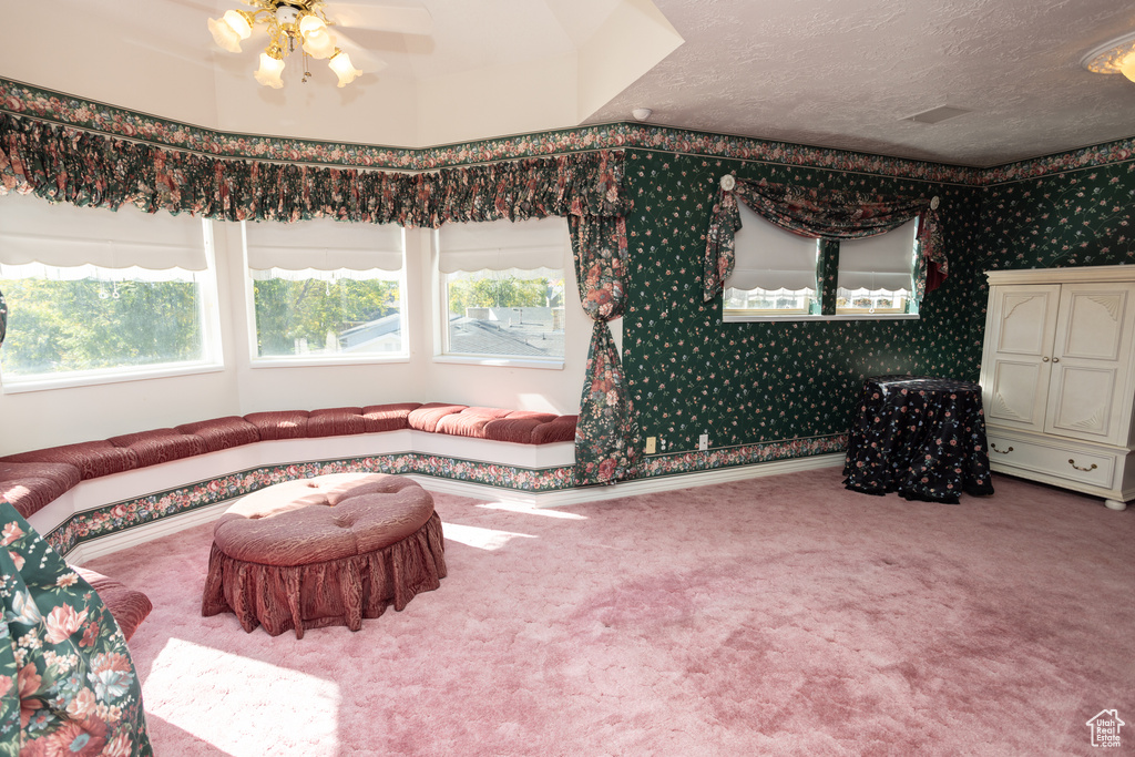 Interior space featuring a wealth of natural light, a textured ceiling, carpet flooring, and ceiling fan