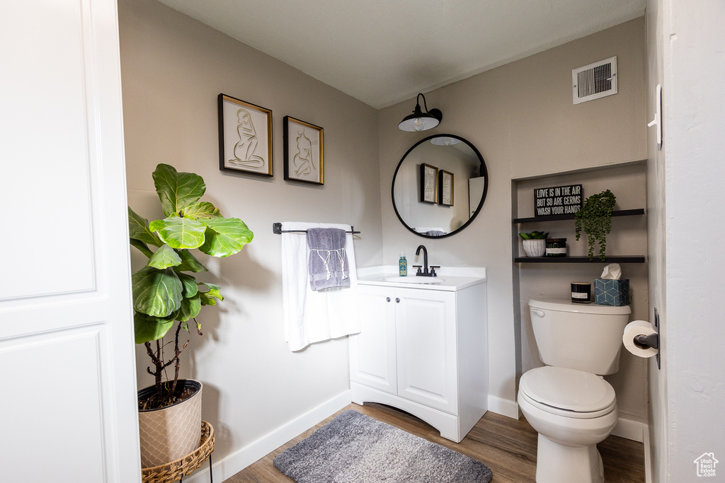 Bathroom featuring vanity, hardwood / wood-style flooring, and toilet