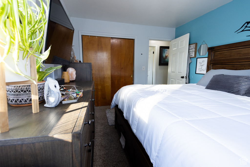 Bedroom featuring carpet flooring and a closet