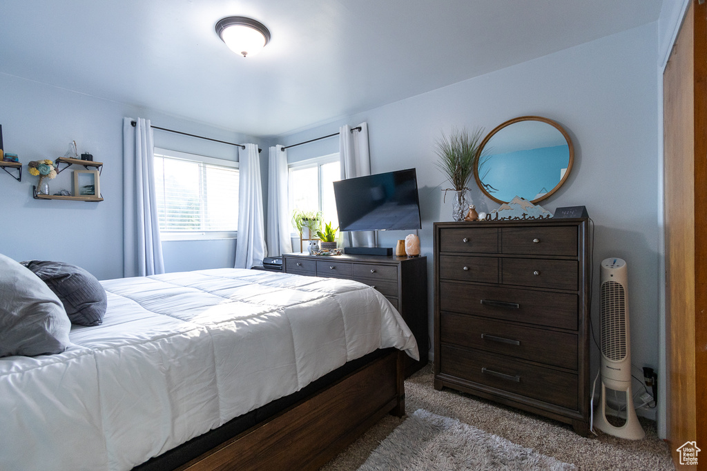 Bedroom with light colored carpet