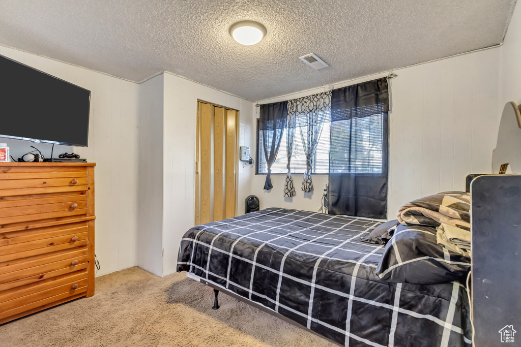 Bedroom with carpet flooring and a textured ceiling