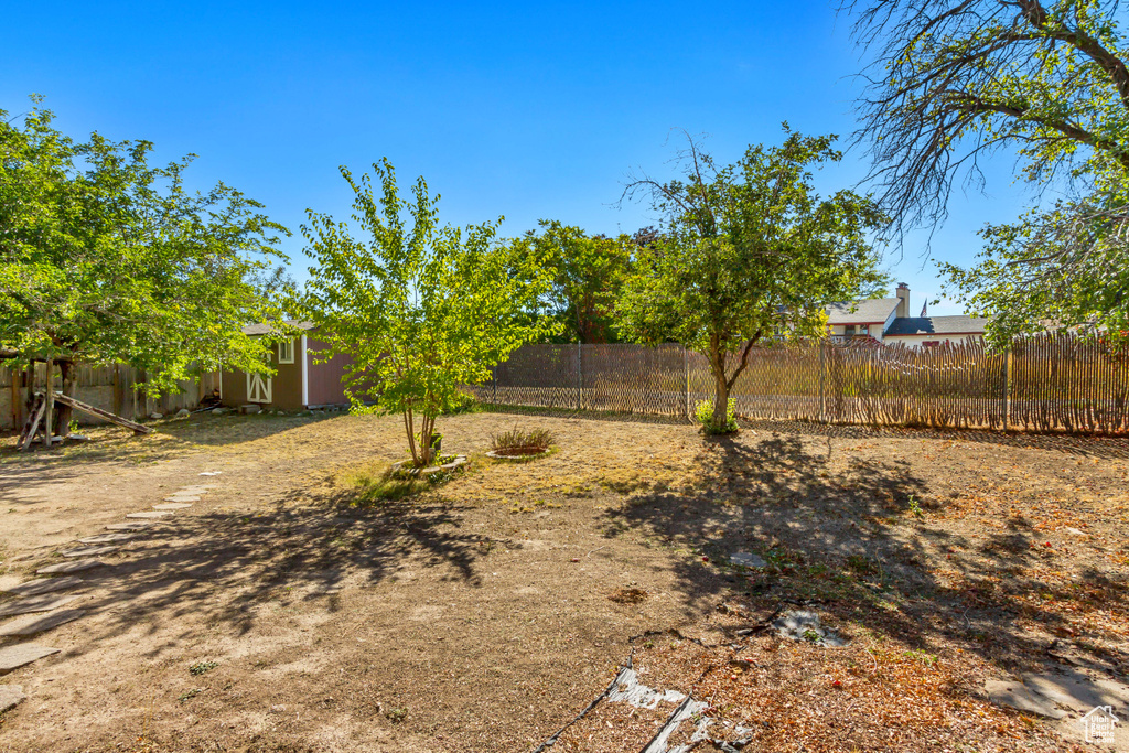 View of yard with a storage unit