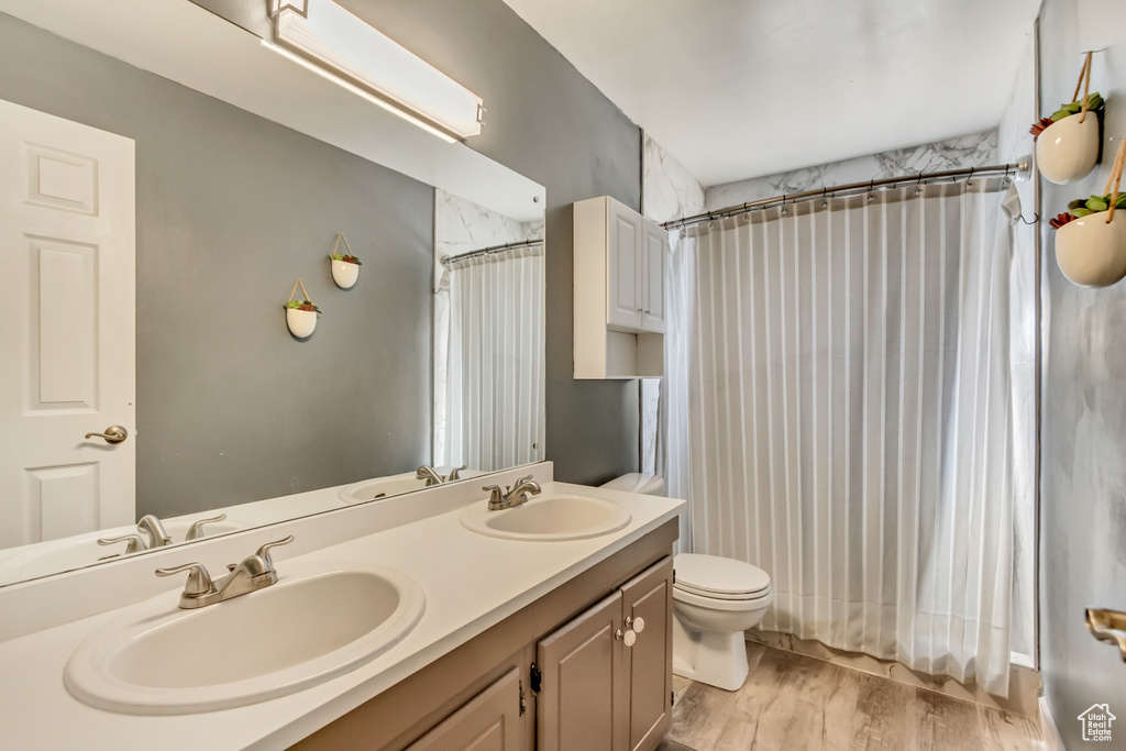 Bathroom featuring vanity, toilet, and a shower with shower curtain